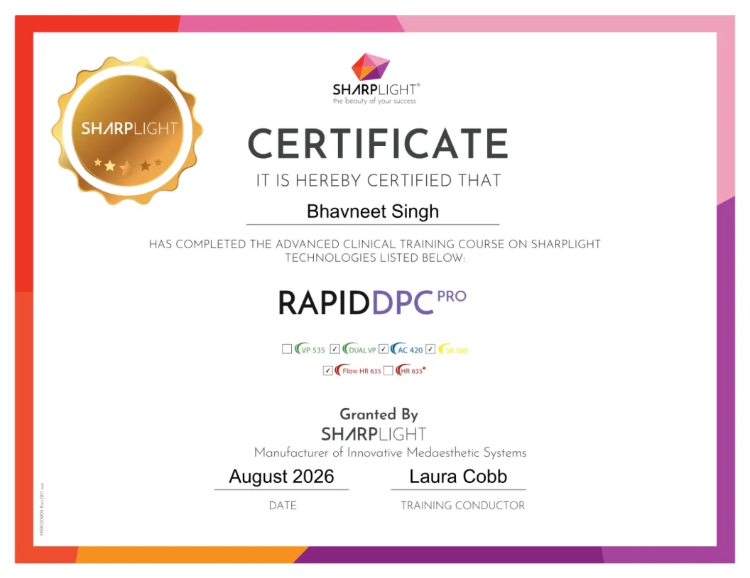 Allure Aesthetics Regina 18 Bhavneet Singh SharpLight Rapid DPC Pro training certificate