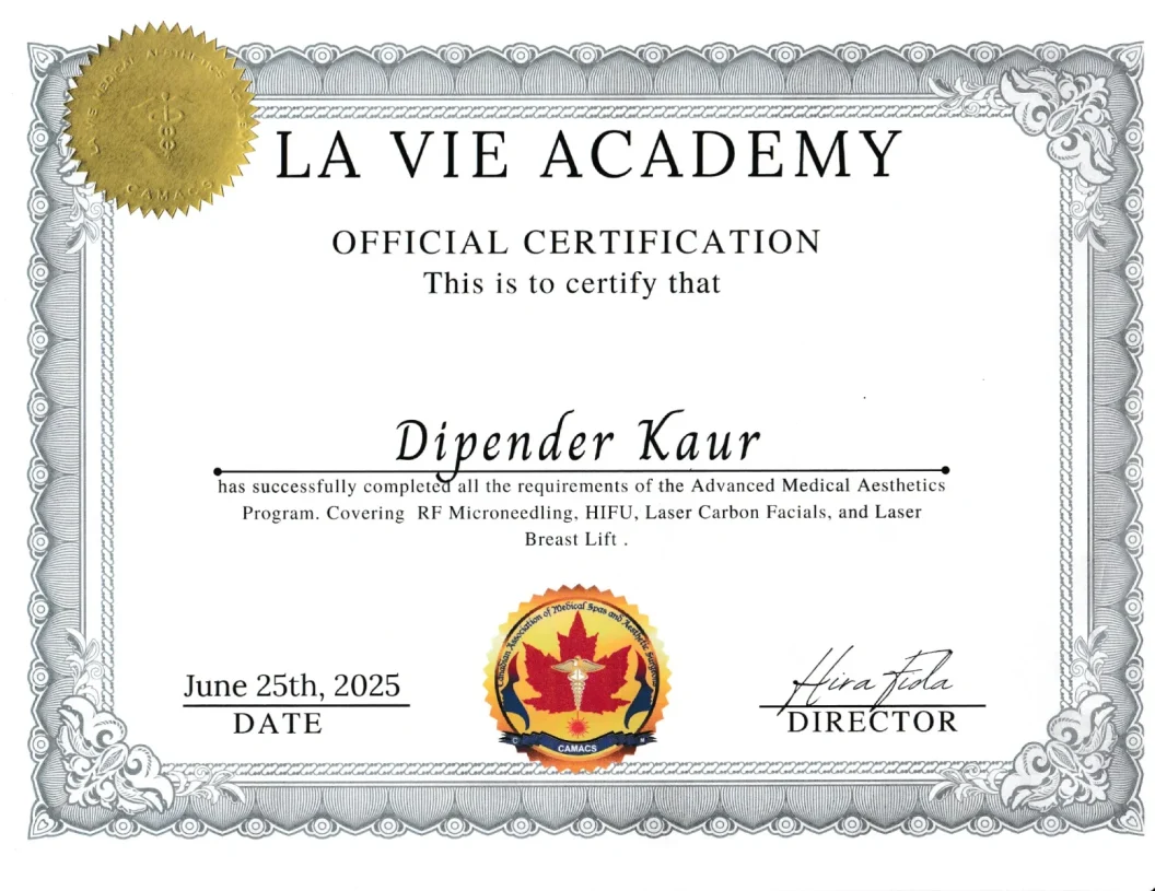 Allure Aesthetics Regina 17 Dipender Kaur advanced medical aesthetics training certificate