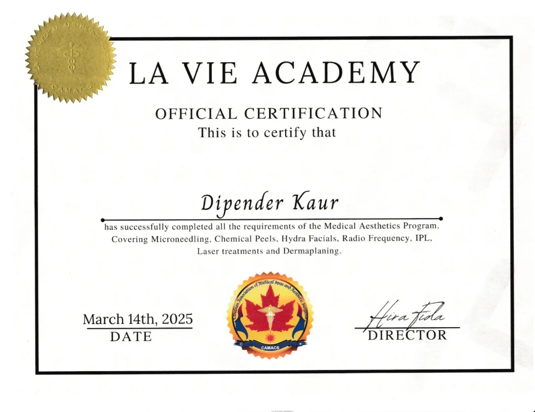 Allure Aesthetics Regina 16 Dipender Kaur medical aesthetics program certificate from La Vie Academy