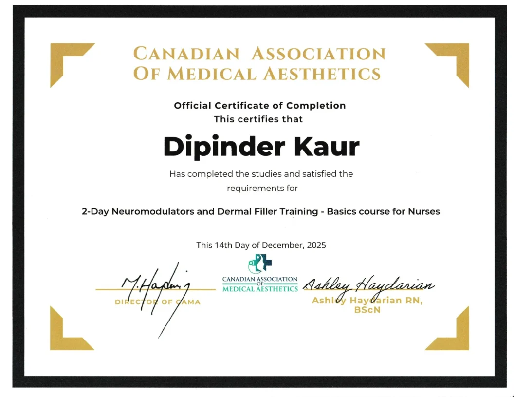 Allure Aesthetics Regina 15 Dipender Kaur neuromodulator and dermal filler training certificate