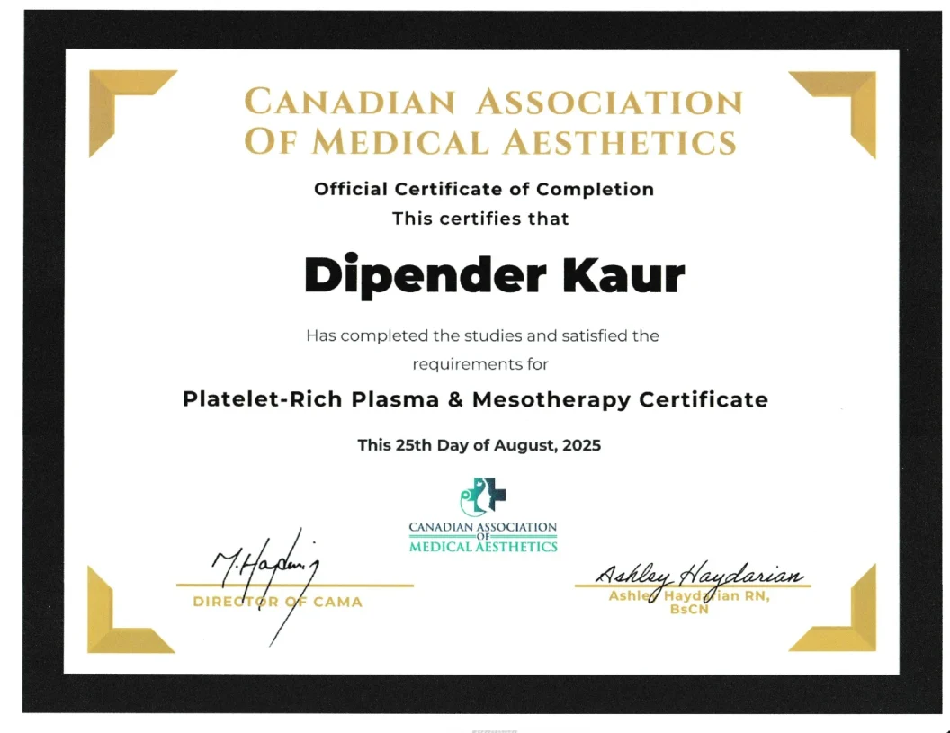 Allure Aesthetics Regina 14 Dipender Kaur platelet-rich plasma and mesotherapy training certificate